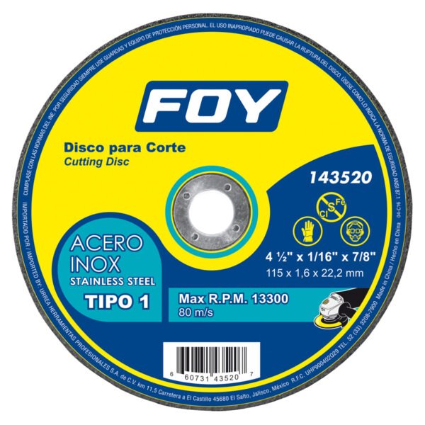 Disco abrasivo tipo 1 para metal  4-1/2" x 1.6 mm Foy