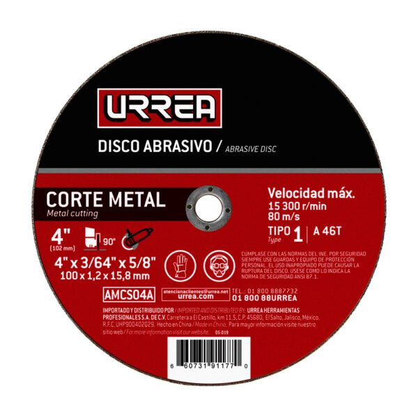 Disco abrasivo tipo 1 para metal 4" x 3/64" Urrea