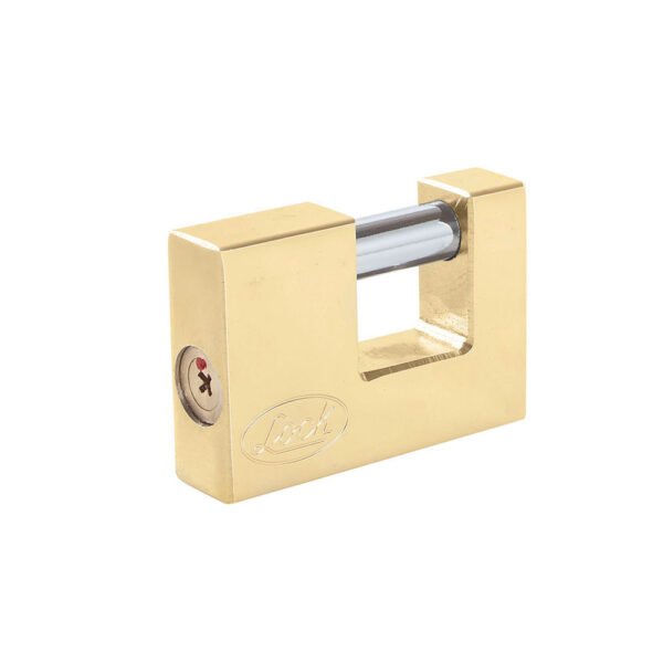 Candado de acero para cortina metálica 70 mm, latón brillante, llave tetra Lock